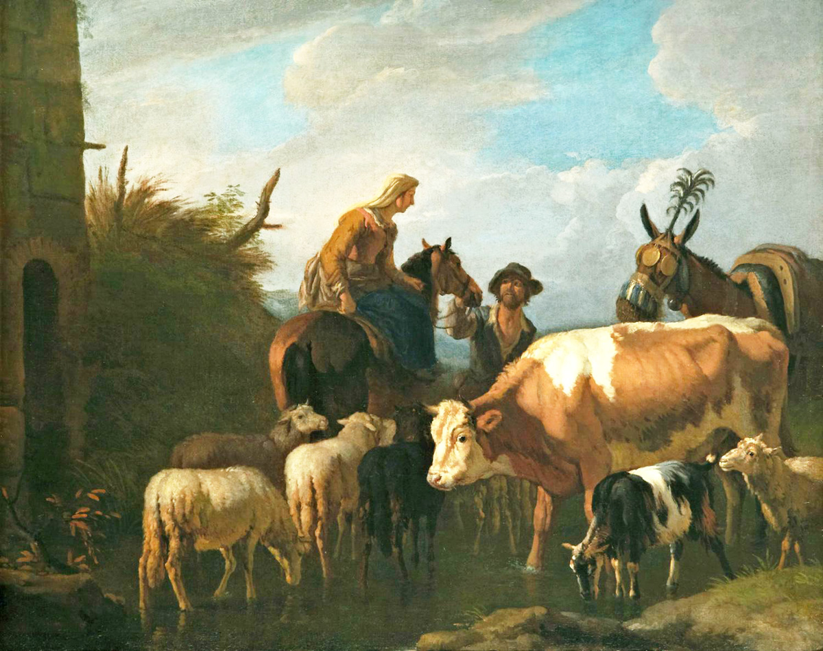peasant couple amongst their cattle and sheep